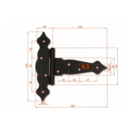 Pánt dekoratív háromszög 150x45x185mm fekete lakk