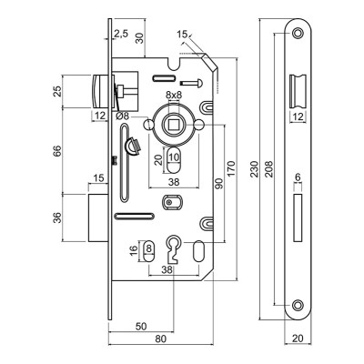 Z.301-BB.90/50/20.PL.CE bevésőzár, BB tollas kulcs