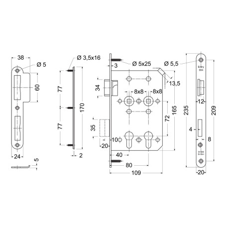 EN.304.2PZ.72.40+80.L bevésőzár két cilinderbetéthez