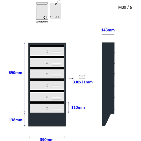 M39/6 N modulos postaláda dőlt RAL7016 + rozsdamentes