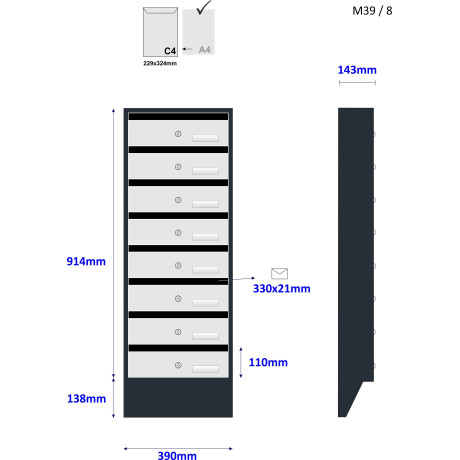 M39/6 N modulos postaláda dőlt RAL7016 + rozsdamentes