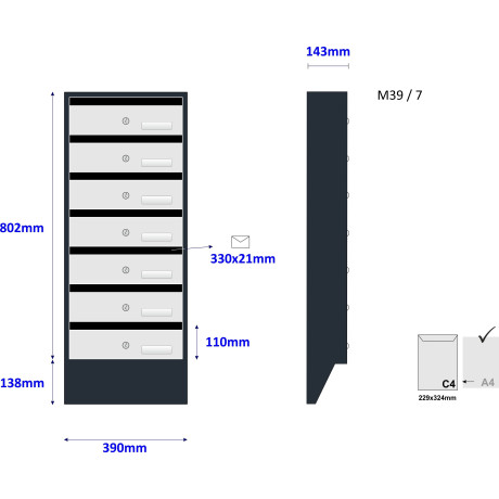 M39/6 N modulos postaláda dőlt RAL7016 + rozsdamentes